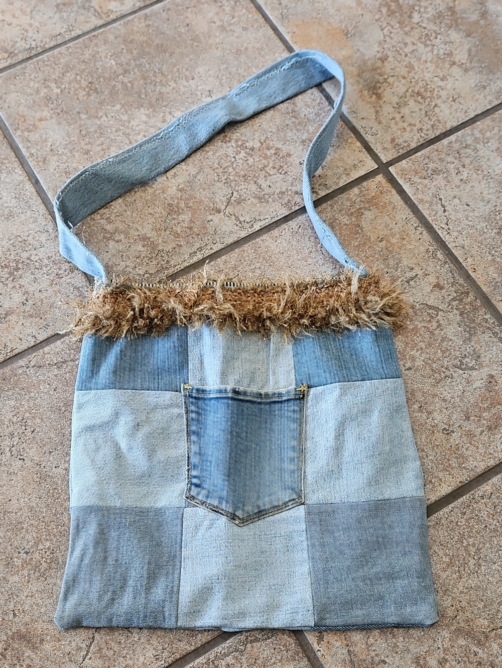 Denim Patchwork Tote Bag with Fringe Trim - Blue